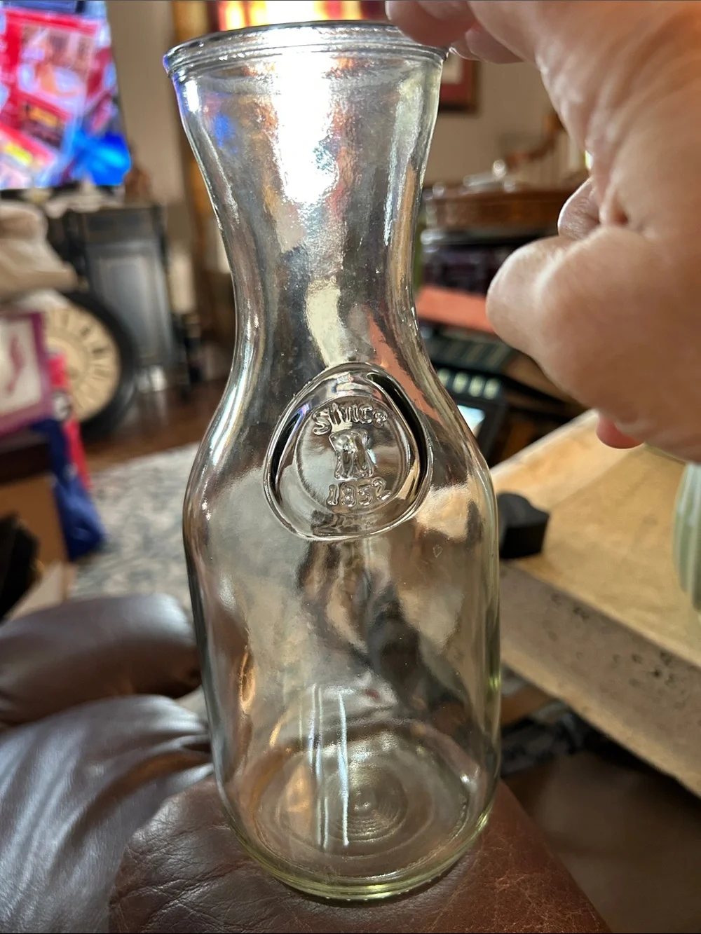 Vintage Paul Mason Clear Glass Milk Bottle Carafe with Embossed Seal & Concave